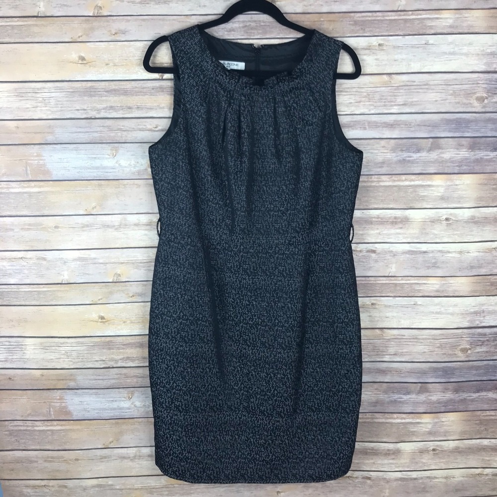 Evan Picone Dress Womens 14 Black Sheath Pleated Boat Neck Sleeveless Zipper
